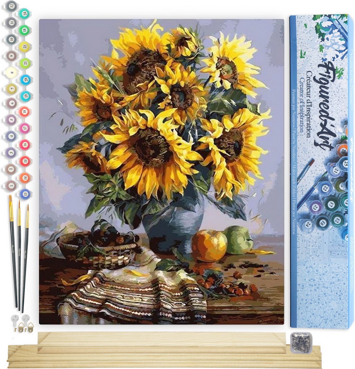 FiguredArt Schilderen op Nummer Volwassenen canvas Boeket zonnebloemen - Handwerk acrylverf Kit DIY Compleet - 40x50cm met DIY houten lijst